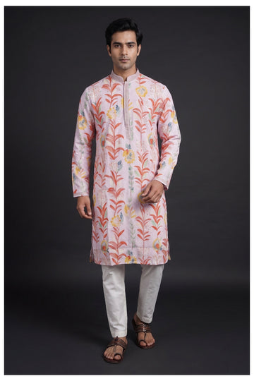 Blush Pink Floral Printed Men’S Kurta Set