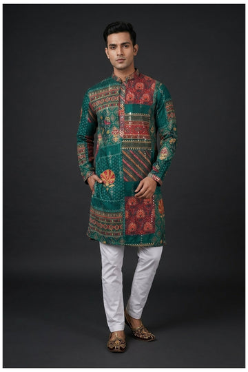 Emerald Patchwork Print Men’S Kurta Set