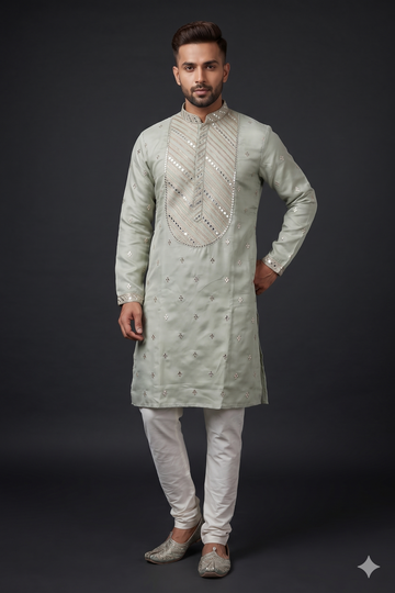 Pastel Sage Mirror Embroidered Kurta Set For Men