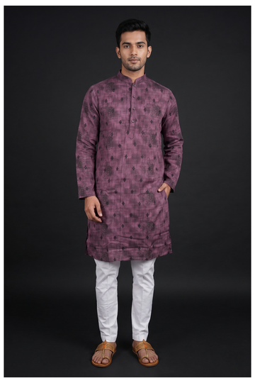 Dark Purple Printed Men'S Kurta