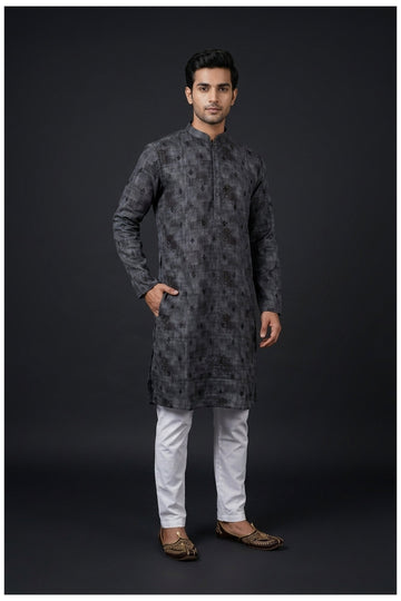 Charcoal Grey Textured Men’S Kurta Set