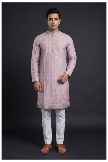 Light Rose Gold Embroidered Festive Kurta Set
