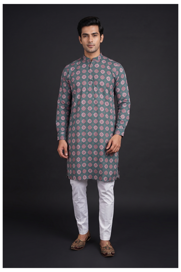 Teal Blue Floral Printed Men'S Kurta