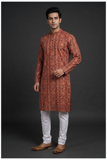 Rust Ikat Motif Printed Men’S Kurta Set