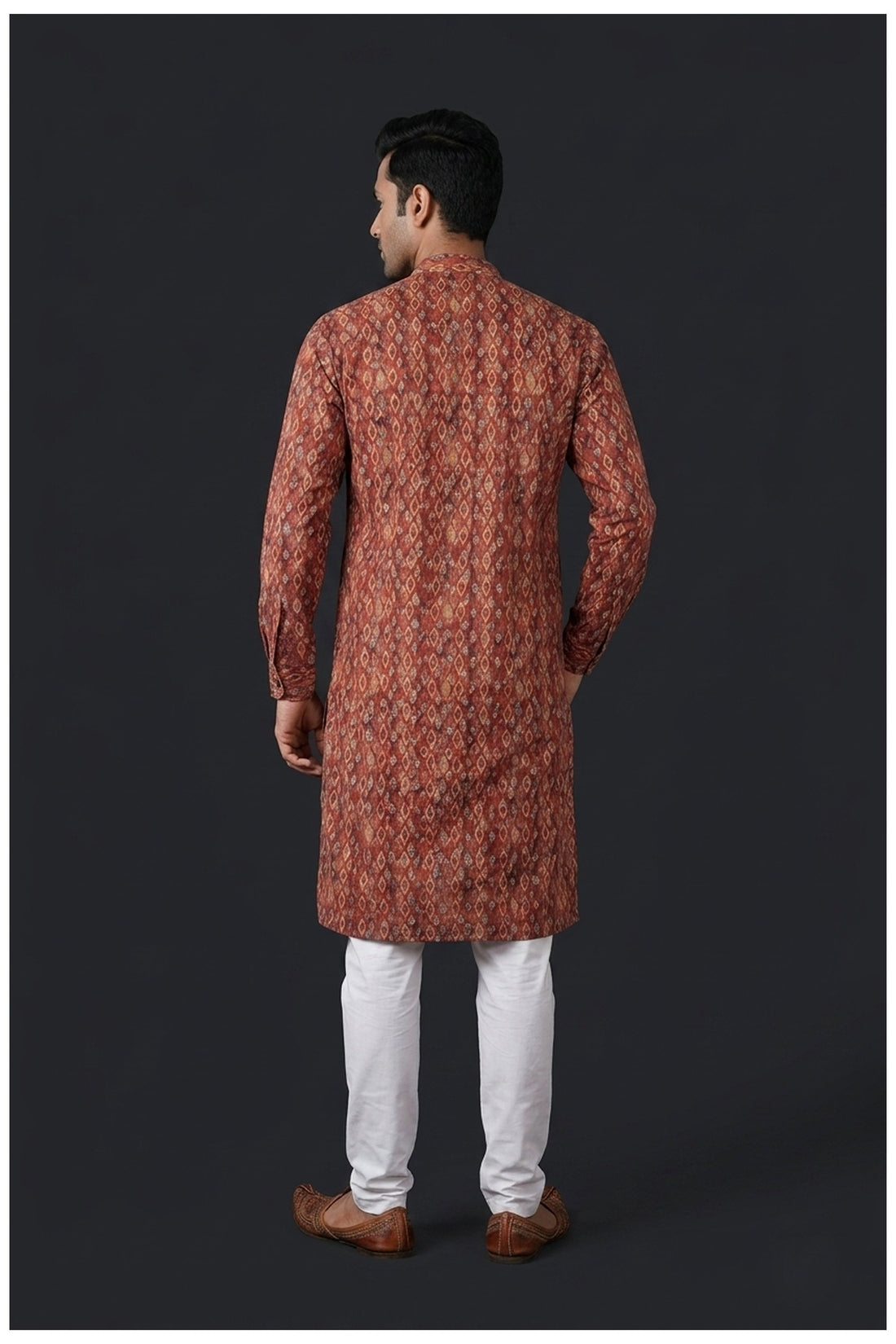 Rust Ikat Motif Printed Men’S Kurta Set
