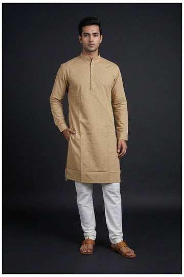 Beige Textured Stripe Men’S Kurta Set