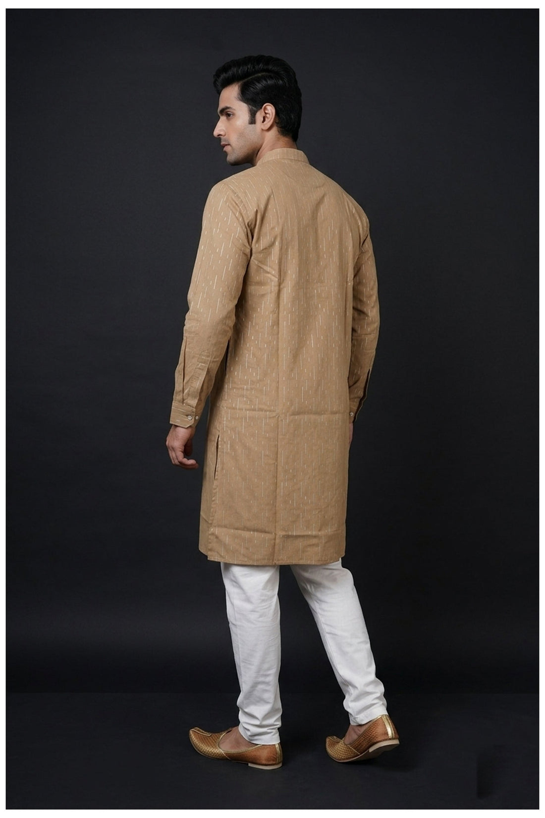 Beige Textured Stripe Men’S Kurta Set