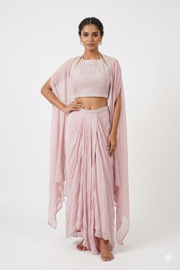 Blush Pink Draped Lehenga Set With Embroidered Blouse & Cape