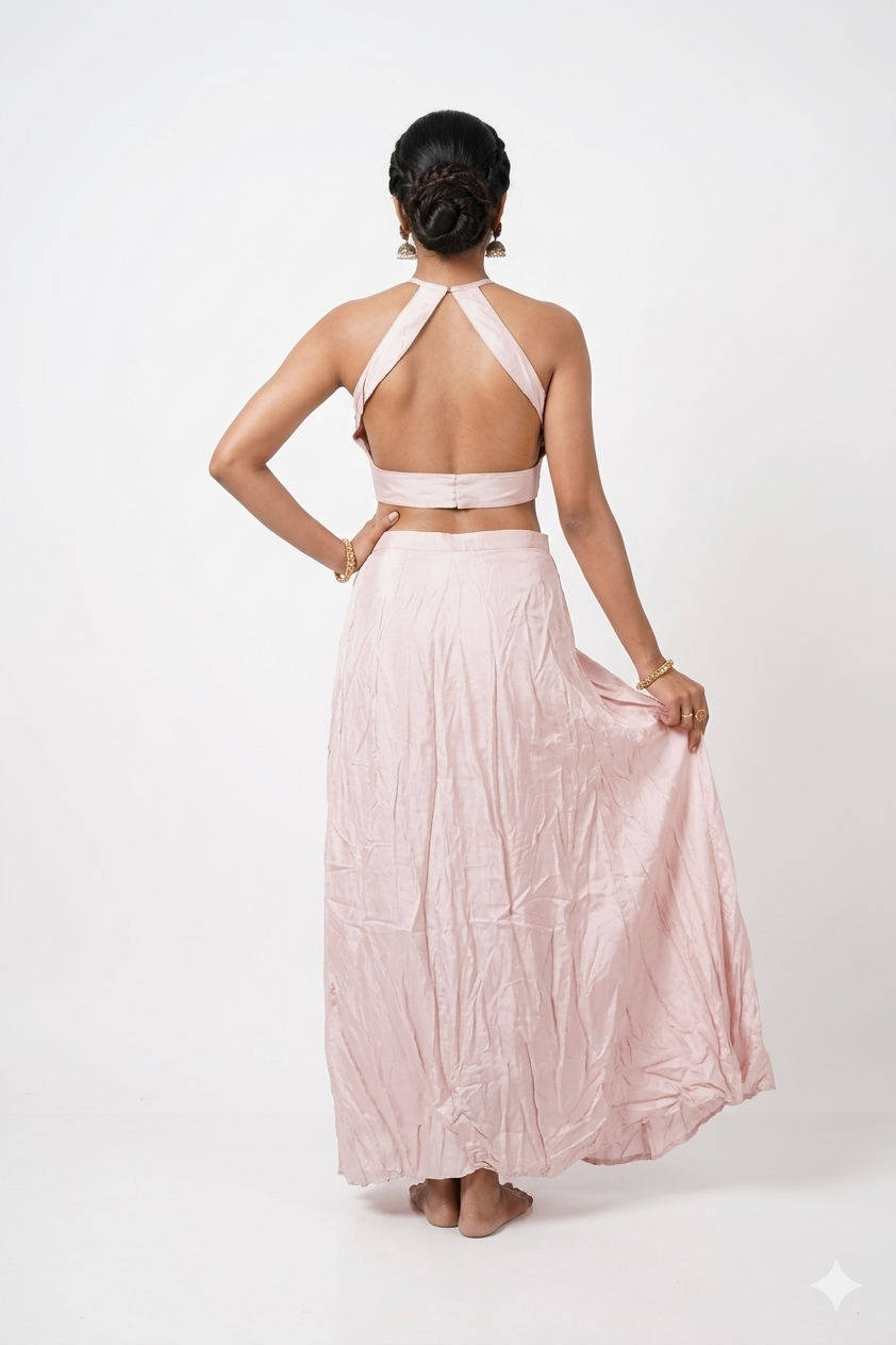 Blush Pink Draped Lehenga Set With Embroidered Blouse & Cape