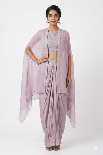 Lavender Indo-western Dhoti Set With Embroidered Blouse & Cape Jacket