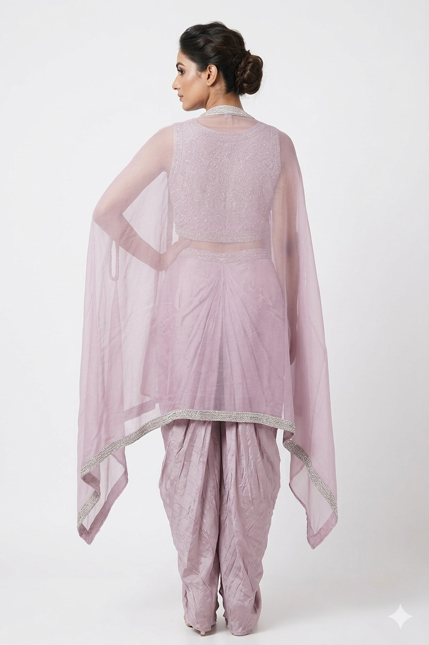 Lavender Indo-western Dhoti Set With Embroidered Blouse & Cape Jacket