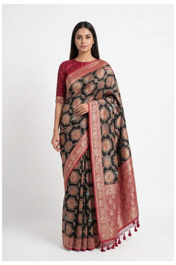 Wine Red Banarasi Pure Silk Wedding Saree