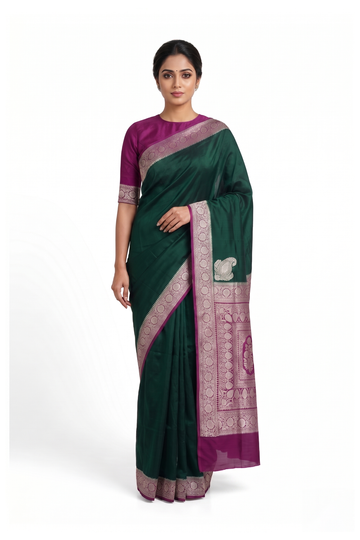 Dark Green Banarasi Silk Saree With Gala Weaving