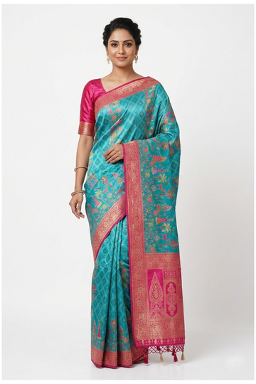 Teal Banarasi Silk Art Silk Wedding Saree