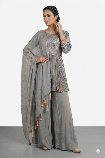 Slate Grey Printed Fusion Kurta Set With Dupatta