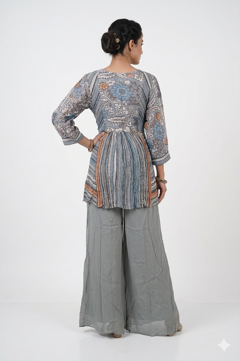 Slate Grey Printed Fusion Kurta Set With Dupatta