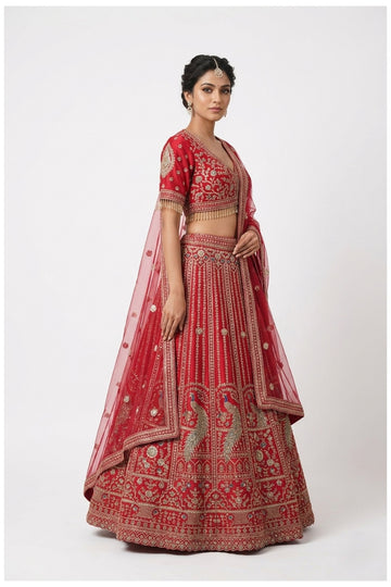 Bridal Red Peacock Embroidered Lehenga Choli With Net Dupatta