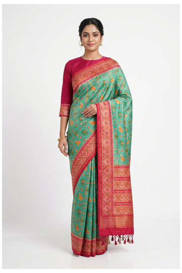 Aqua Green Bandhni Saree With Weaving