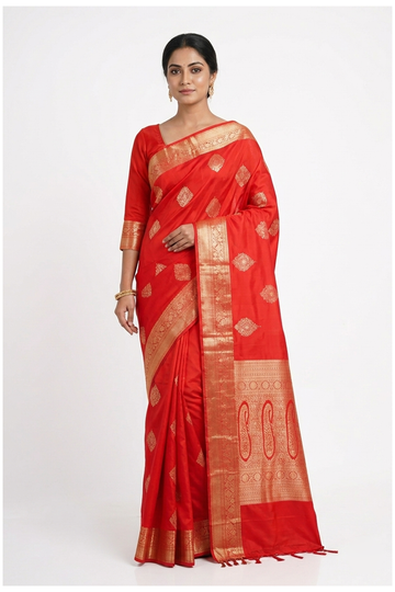 Scarlet Red Pure Silk South Saree For Wedding & Party Wear