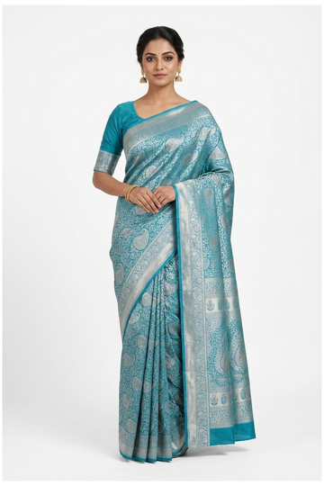 Teal Pure South Silk Wedding & Party Wear Saree