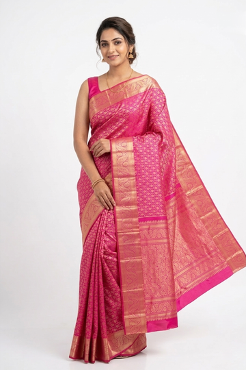 Rani Pink Pure Silk South Saree, Wedding & Party Wear
