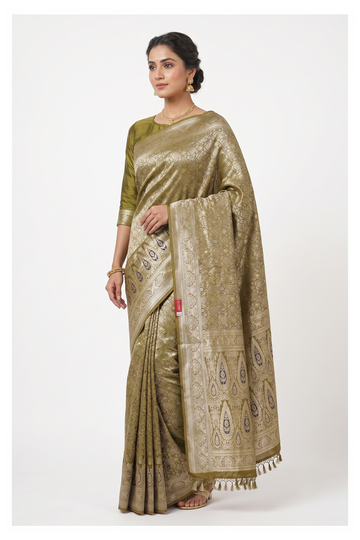 Olive Green Banarasi Silk Saree With Jaal Weaving