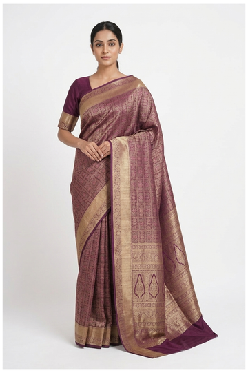 Wine Banarasi Silk Saree With Jaal Weaving