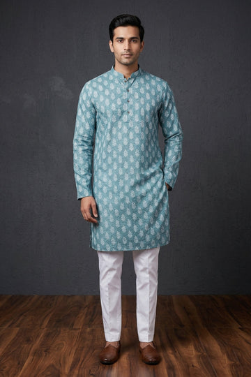 Teal Blue Buti Print Men’S Kurta
