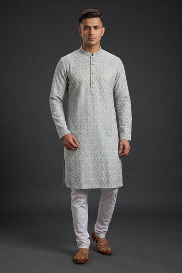 Ivory Blue Royal Jacquard Men’S Kurta