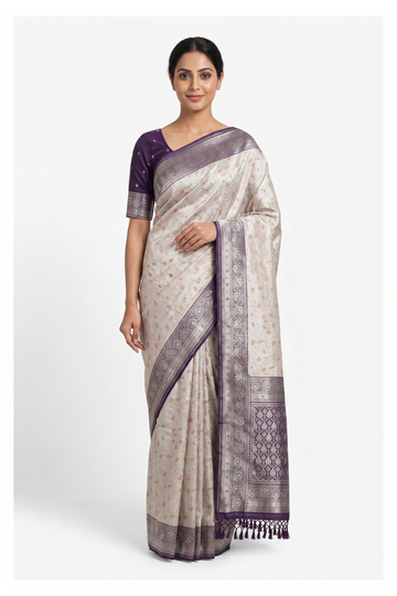 Trending Ivory Banarasi Silk Saree With Weaving