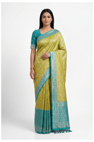 Light Olive Gold  Banarasi Silk Saree With Weaving