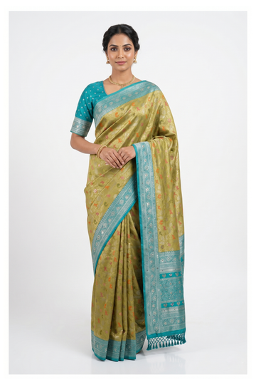 Glossy Pistachio Green Banarasi Silk Saree With Weaving