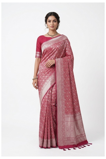 Wine Banarasi Silk Saree With Jaal Weaving