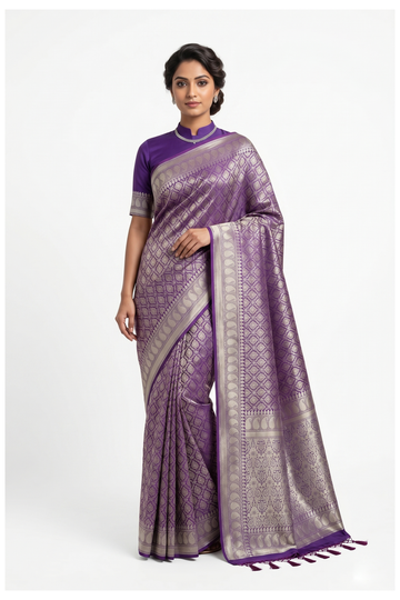 Purple Banarasi Silk Saree With Jaal Weaving