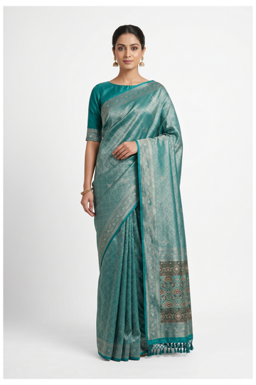 Teal Banarasi Silk Saree With Jaal Weaving