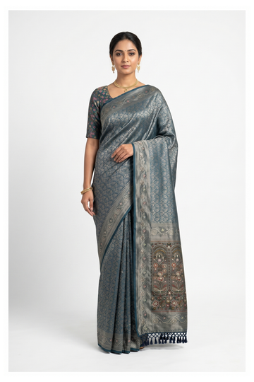 Teal South Silk Tissue Saree For Partywear & Weddings