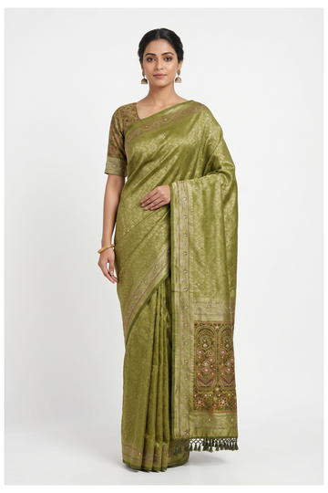Glossy Olive Green Banarasi Silk Saree With Weaving
