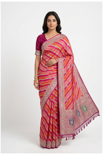 Multicolor Pure Silk Banarasi Saree For Wedding & Party