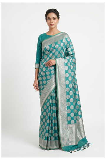 Teal Banarasi Crepe Silk Saree With Weaving