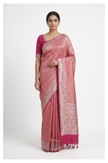Magenta Banarasi Silk Saree With Weaving, Hand Work