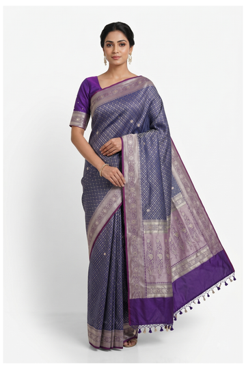 Midnight Blue Banarasi Silk Saree With Hand Work Weaving