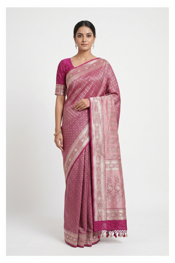 Wine Banarasi Silk Saree With Weaving Hand Work