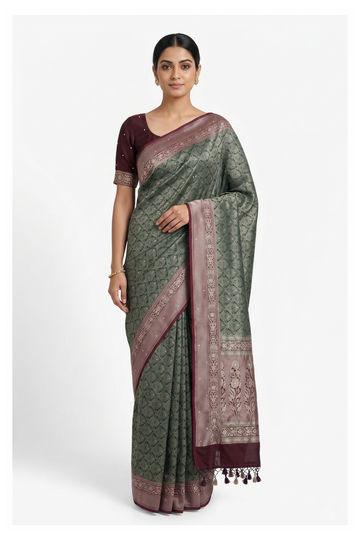 Forest Green Banarasi Silk Saree With Hand Work Weaving
