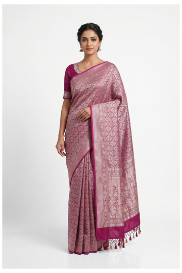 Magenta Banarasi Silk Saree With Hand Work Weaving