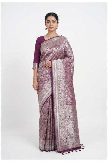 Wine Banarasi Silk Saree With Weaving