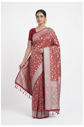Wine Banarasi Silk Saree With Jaal Weaving