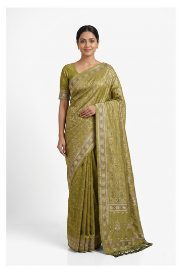 Mehendi Green Banarasi Silk Saree With Hand Work Weaving