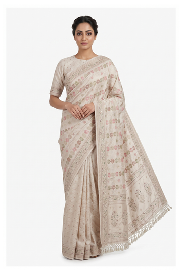 Champagne Banarasi Silk Saree With Hand Work Weaving