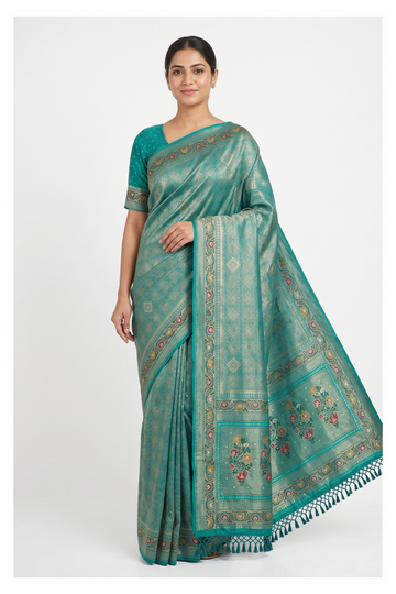Teal Banarasi Silk Saree With Hand Work Weaving