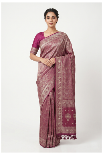 Wine Banarasi Silk Saree With Hand Work Weaving
